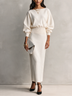 White Boat-neck Ribbed Waist-cinching Top And Straight-cut Skirt Set