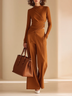 Caramel Brown Button-front Asymmetrical Top And Wide-leg Trousers Set