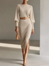 Oatmeal Boat-Neck Blouson-Sleeve Slit Midi Dress (with belt)