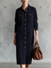 Navy Corduroy Loose-Fit Midi Shirt Dress with Dual Chest Pockets