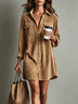 Brown Loose Corduroy Double Chest Pocket Single Breasted Mini Dress
