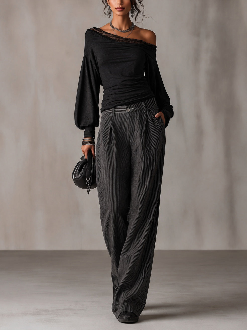 Black Lace Trim Off‑Shoulder Blouse & Pinstripe Wide‑Leg Pants Two‑Piece Set