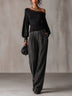 Black Lace Trim Off‑Shoulder Blouse & Pinstripe Wide‑Leg Pants Two‑Piece Set