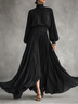 Black High-neck Lantern-sleeve Top And Pleated Skirt Two-piece Set
