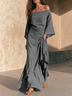 Grey Off-the-shoulder Maxi Dress With Ruffled Hem And Flared Sleeves
