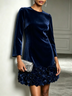 Navy Velvet Mini Dress With Round Neck And Bold Floral Accents