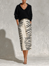 Black Collar Knit Top And Zebra Linen Midi Skirt Two‑Piece Set