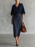 Navy Collar Batwing Knit Top And Draped Satin Wrap Midi Skirt Two‑Piece Set