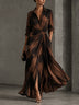 Brown Black Abstract Print Wrap Twist-Front Maxi Shirt Dress