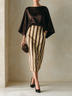 Brown Satin Batwing-sleeve Top And Striped Skirt Set