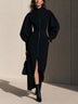 Black Front-Zip Midi Dress with Puff Lantern Sleeves