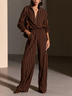 Brown Black Striped Half-zip Top And Elastic-waist Wide-leg Pants Set