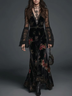 Black Velvet Maxi Dress With Floral Print And Lace Sleeves