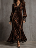 Brown Velvet Floral Print Lace V-neck Puff-sleeve Maxi Dress