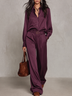 Plum-purple Satin Shirt And Wide-leg Trousers Two-piece Set (with belt)