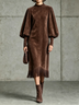 Chocolate Brown Faux Suede Lantern‑Sleeve Fringe‑Hem Midi Dress