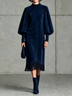 Navy Faux Suede Lantern‑Sleeve Fringe‑Hem Midi Dress