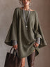 Olive Green Linen‑Blend Wide‑Bell‑Sleeve Lace‑Trim Tunic Mini Dress