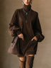 Brown Faux Suede Turtleneck Balloon Sleeve Mini Dress