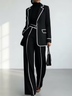 Black Contrast‑Piping Blazer & Wide‑Leg Trouser Two‑Piece Suit Set