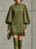Olive Green Faux‑Suede Lantern‑Sleeve Fringe‑Hem Mini Dress