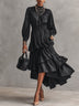 Black Plissé Satin Tiered‑Ruffle High‑Low Maxi Dress