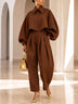 Brown Cropped Balloon‑Sleeve Shirt Jacket & High Waist Pleated Balloon Pants Set