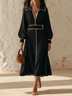 Black Contrast Piping V‑Neck Balloon Sleeve A‑Line Midi Dress