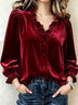 Velvet Ruffled V-neck Puff Sleeve Shirt