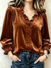 Velvet Ruffled V-neck Puff Sleeve Shirt