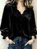 Velvet Ruffled V-neck Puff Sleeve Shirt