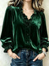 Velvet Ruffled V-neck Puff Sleeve Shirt
