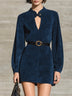 Navy Blue Faux‑Suede Keyhole‑Neck Balloon‑Sleeve Mini Dress(with belt)
