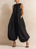 Black Sleeveless Balloon Oversized Wide‑Leg Elastic‑Cuff Harem Jumpsuit