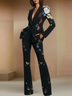 Black Floral Print Shawl Lapel Blazer & High‑Waist Flare‑Leg Pant Suit Set