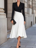 Black White V‑neck Color‑Block Lapel Collar Wrap Front Asymmetrical Hem Midi Dress