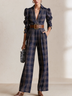 Navy Plaid V-neck Collared Wrap Pleated Wide-Leg Jumpsuit (with belt)