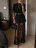 Black Short Sleeve Blazer & Sheer Floral Lace Slip Maxi Dress Two-piece Set(with belt)