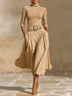 Khaki Turtleneck Button Top & High‑Waist Pleated Skirt Two‑Piece Set(with belt)