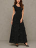 Black Round Neck Ruffle Cap Sleeve Chiffon Floral Appliqué Maxi Dress