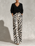 Black V-Neck Knit Top & Zebra Print Wide-Leg Pant Two-Piece Set