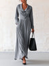Elegant Grey Draped Lapel Ruffled Maxi Dress With Pockets
