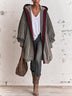Grey Loose-fitting Hooded Cardigan With Striking Red And Blue Striped Trim