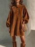 Brown Velvet Button-down Collar Lantern Sleeve Mini Dress