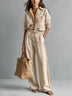 Beige And Brown Color-blocked Shirt And Trousers Casual Two-piece Set