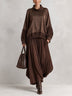 Brown Satin Turtleneck Pleated Contrast Top And Pleated Skirt Two-piece Set