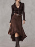 Brown Ribbed Ruffled Collar Top And Faux Suede Skirt Two-piece Set (with belt)