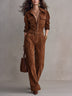 Brown Faux Suede Half-zip Patch Pocket Wide-leg Jumpsuit(with belt)