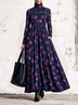 Navy Blue-purple Floral High-neck Long-sleeved Pleated Maxi Dress