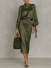 Olive Green Satin Turtleneck Lantern Sleeve Top And High-waisted Midi Skirt Set